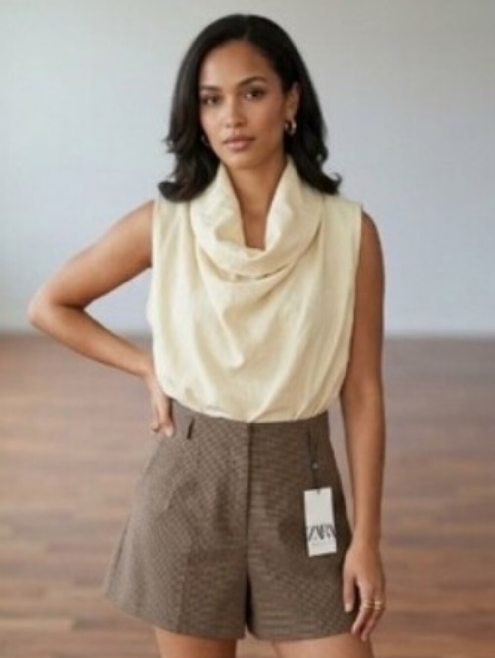 Zara Cream Draped Sleeveless Top